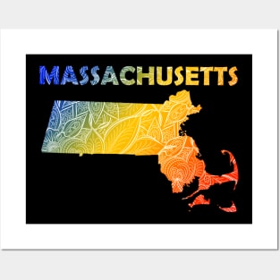 Colorful mandala art map of Massachusetts with text in blue, yellow, and red Posters and Art